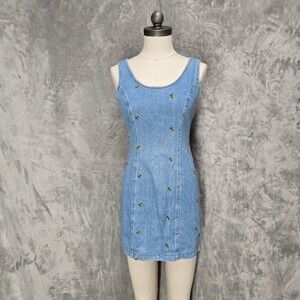 Vtg California Concepts Denim Mini Dress Womens S Sunflower 90s Y2K Floral Retro